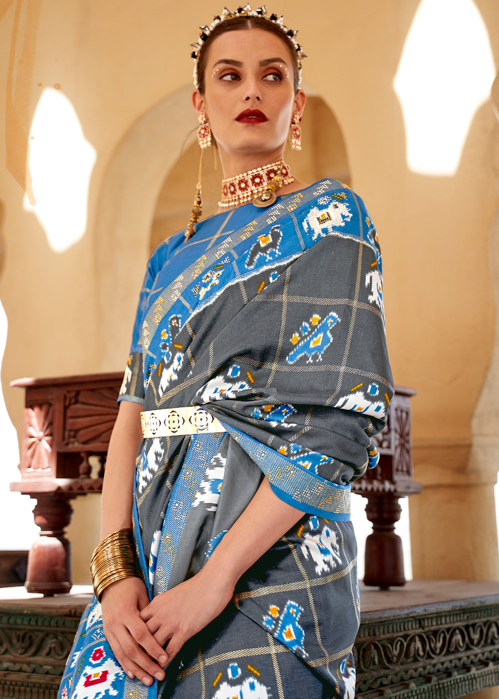 Abbey Grey and Blue Printed Patola Silk Saree