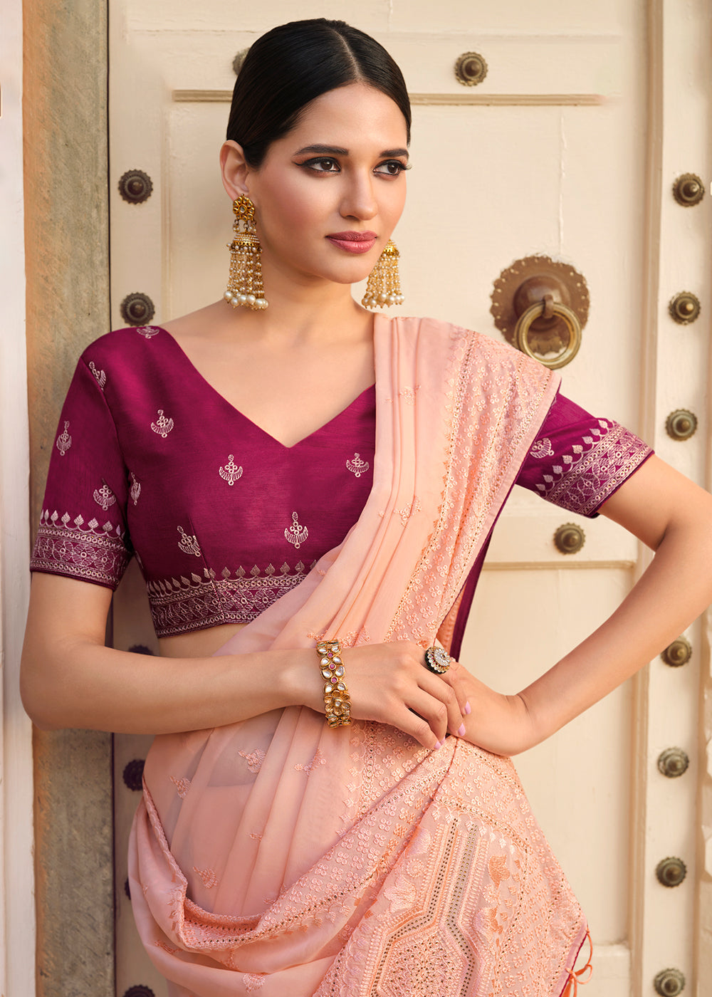 Wax Flower Pink Woven Organza Saree with Embroidery Work