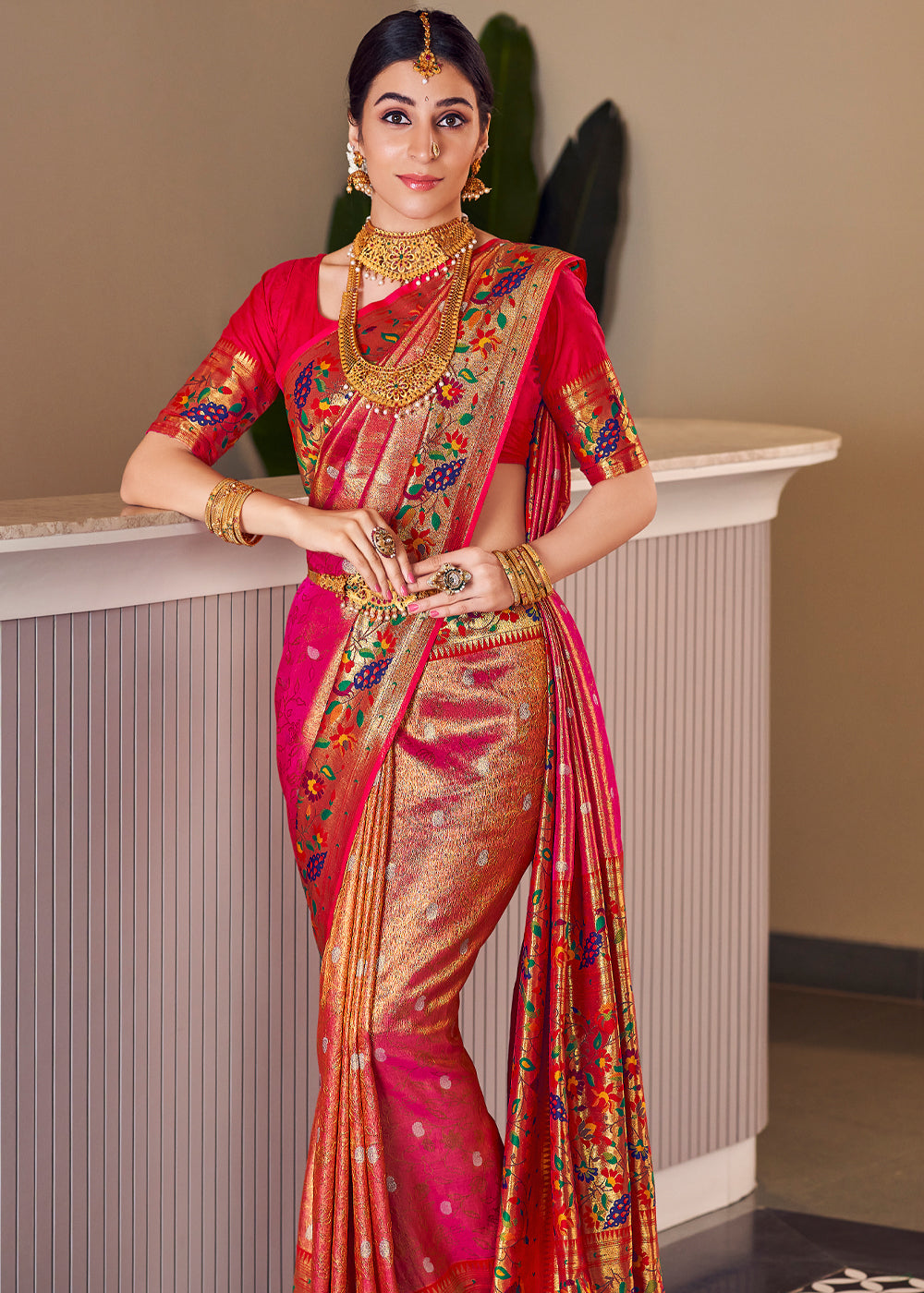 Red Rose Pearl Woven Paithani Silk Saree