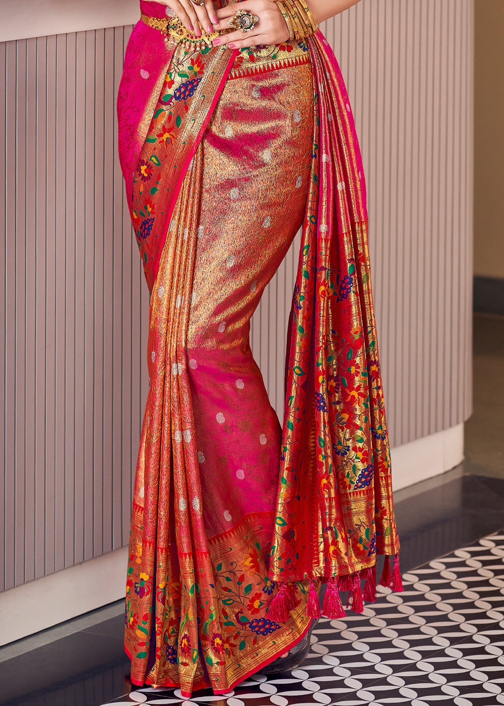 Red Rose Pearl Woven Paithani Silk Saree