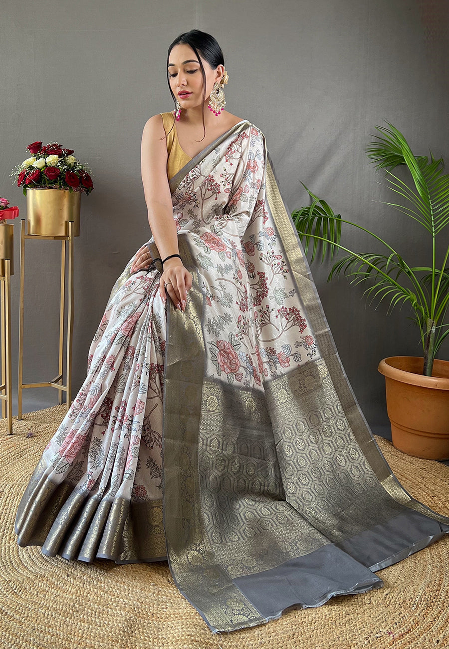 Swirl White Kalamkari Floral Printed Saree