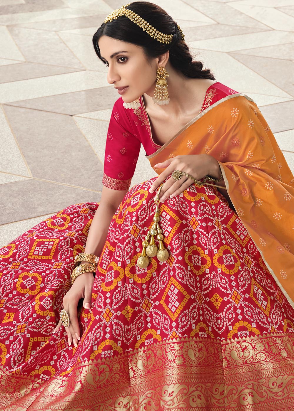 Cinnabar Red and Orange Banarasi Silk Lehenga Choli