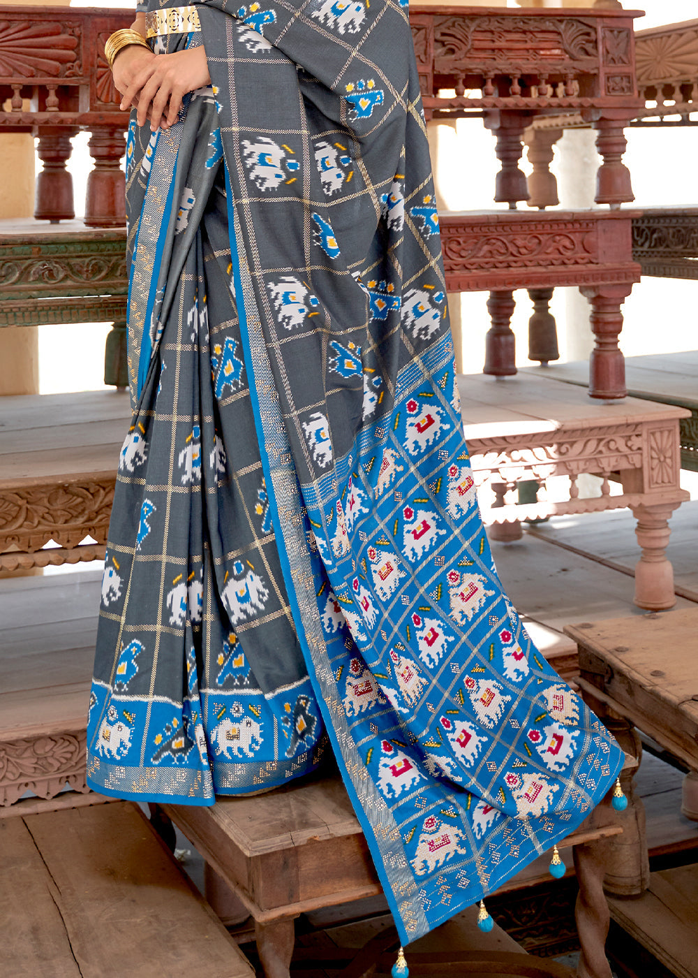 Abbey Grey and Blue Printed Patola Silk Saree