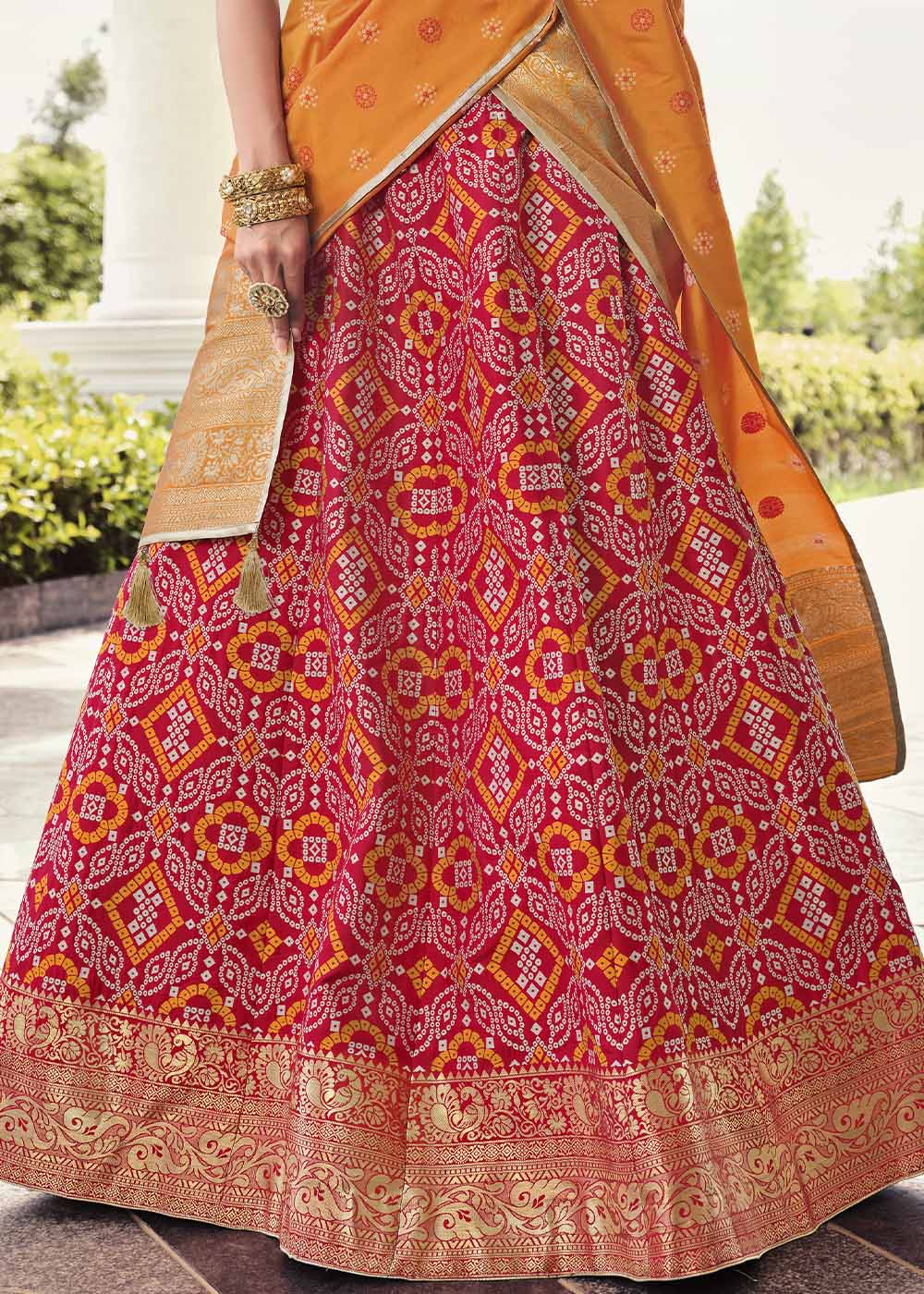 Cinnabar Red and Orange Banarasi Silk Lehenga Choli