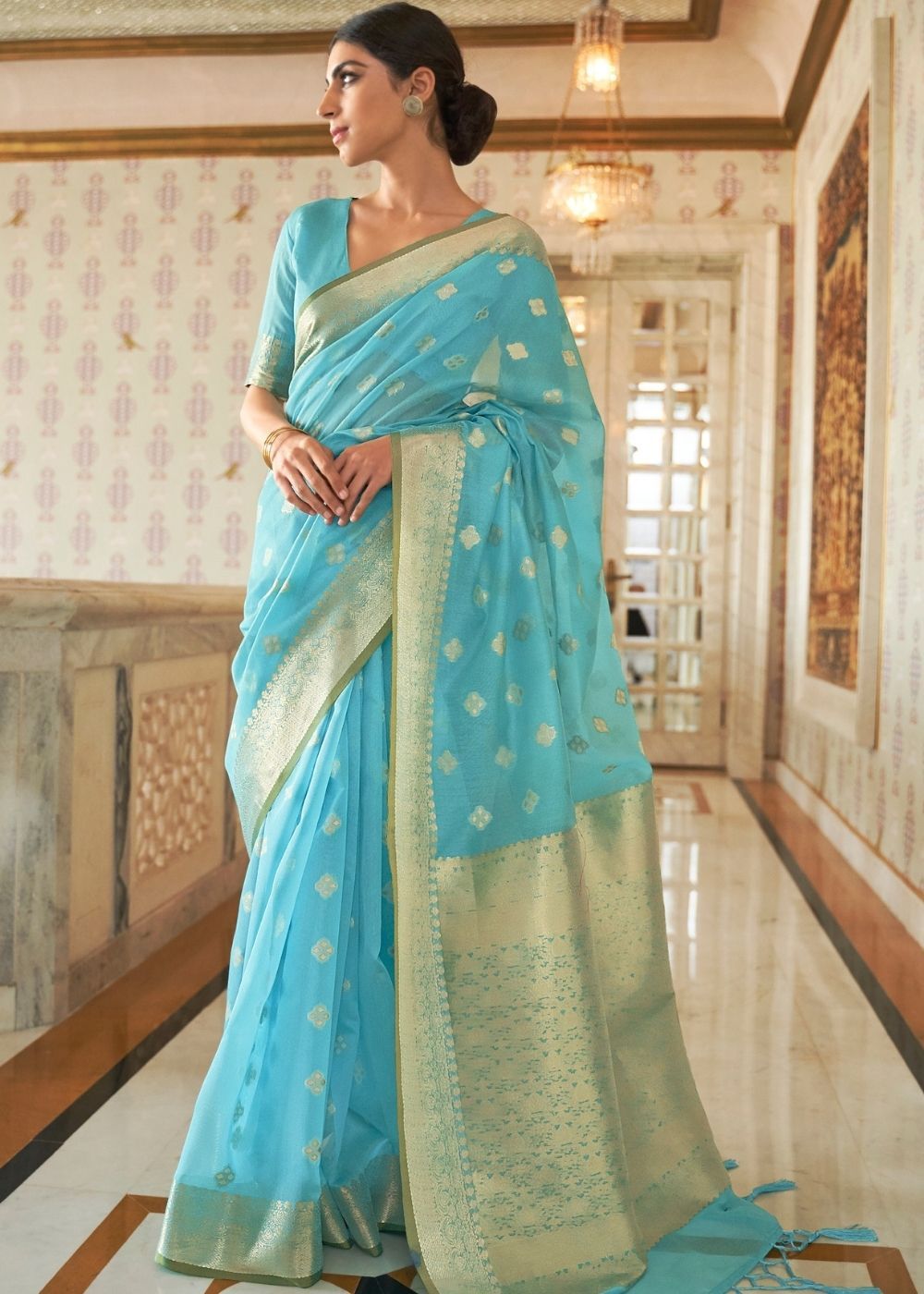 Puerto Rico Blue Zari woven Linen Saree