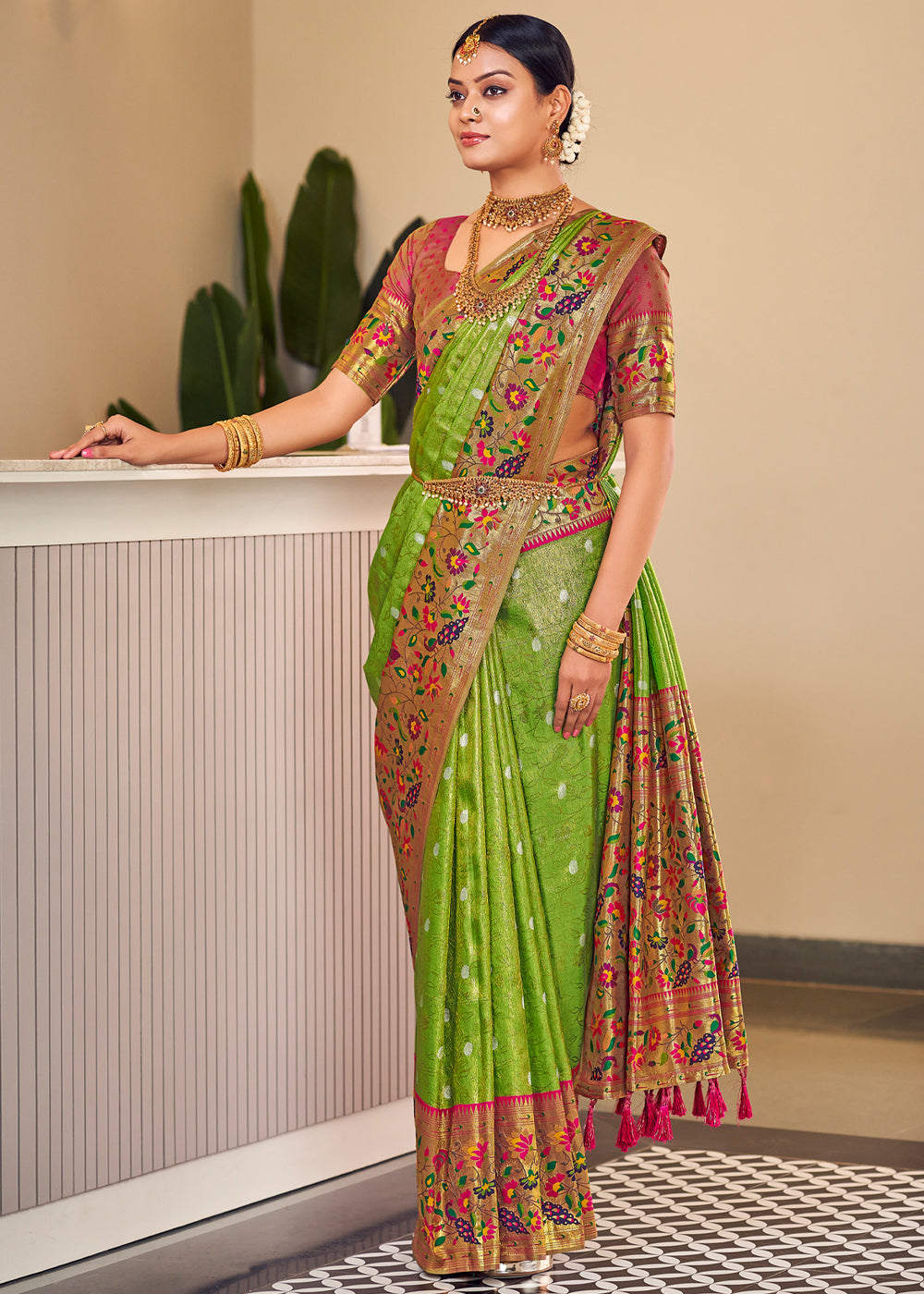 Citron Green Woven Paithani Silk Saree