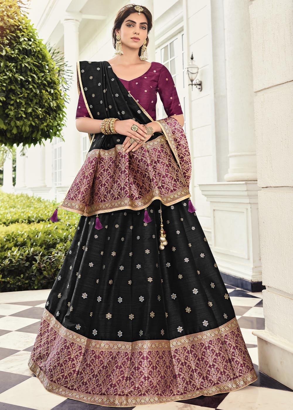 Cod Gray Black and Purple Banarasi Silk Lehenga Choli