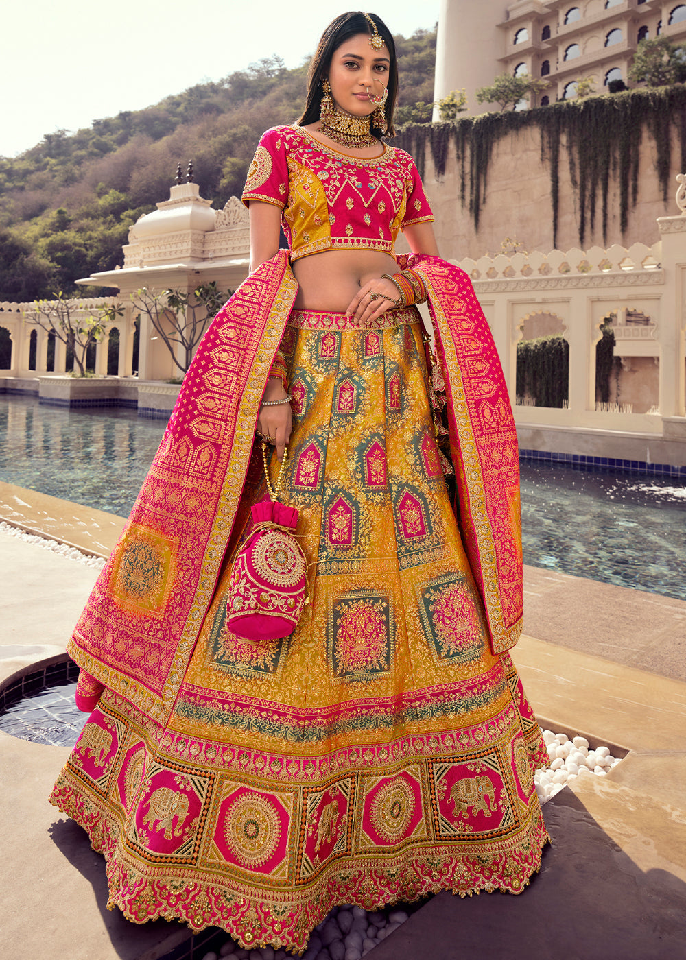 Ronchi Yellow and Pink Banarasi Silk Lehenga Choli