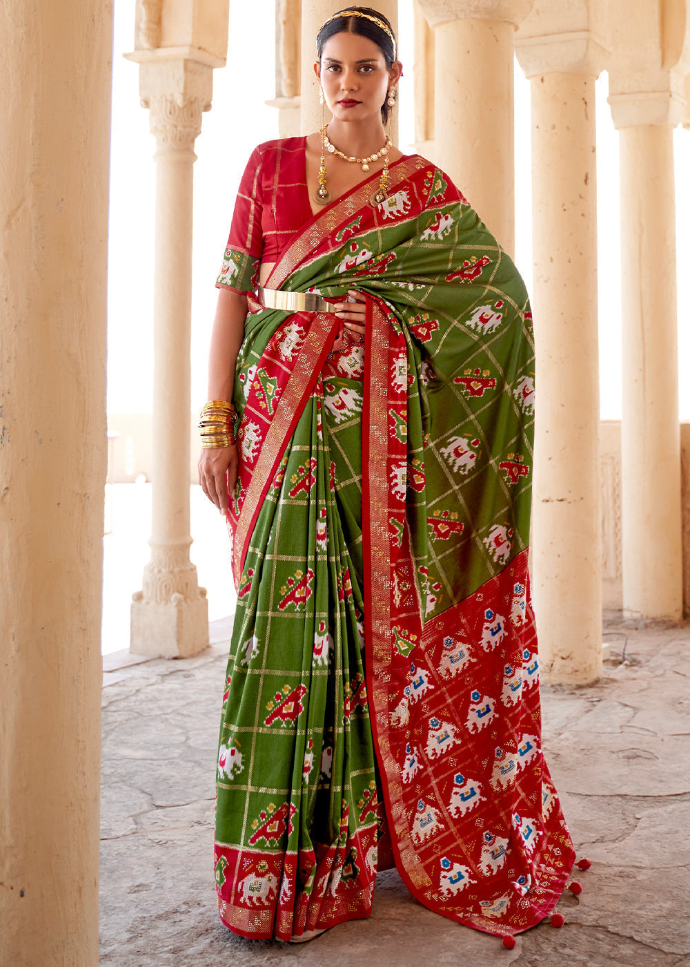 Fern Frond Green and Red Printed Patola Silk Saree