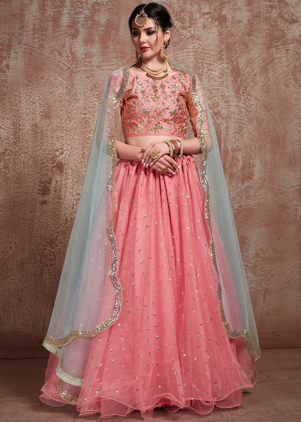 Mona Lisa Pink Designer Soft Net Lehenga Choli