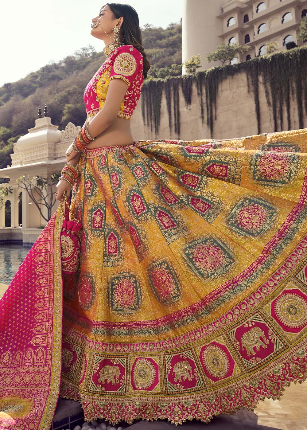 Ronchi Yellow and Pink Banarasi Silk Lehenga Choli