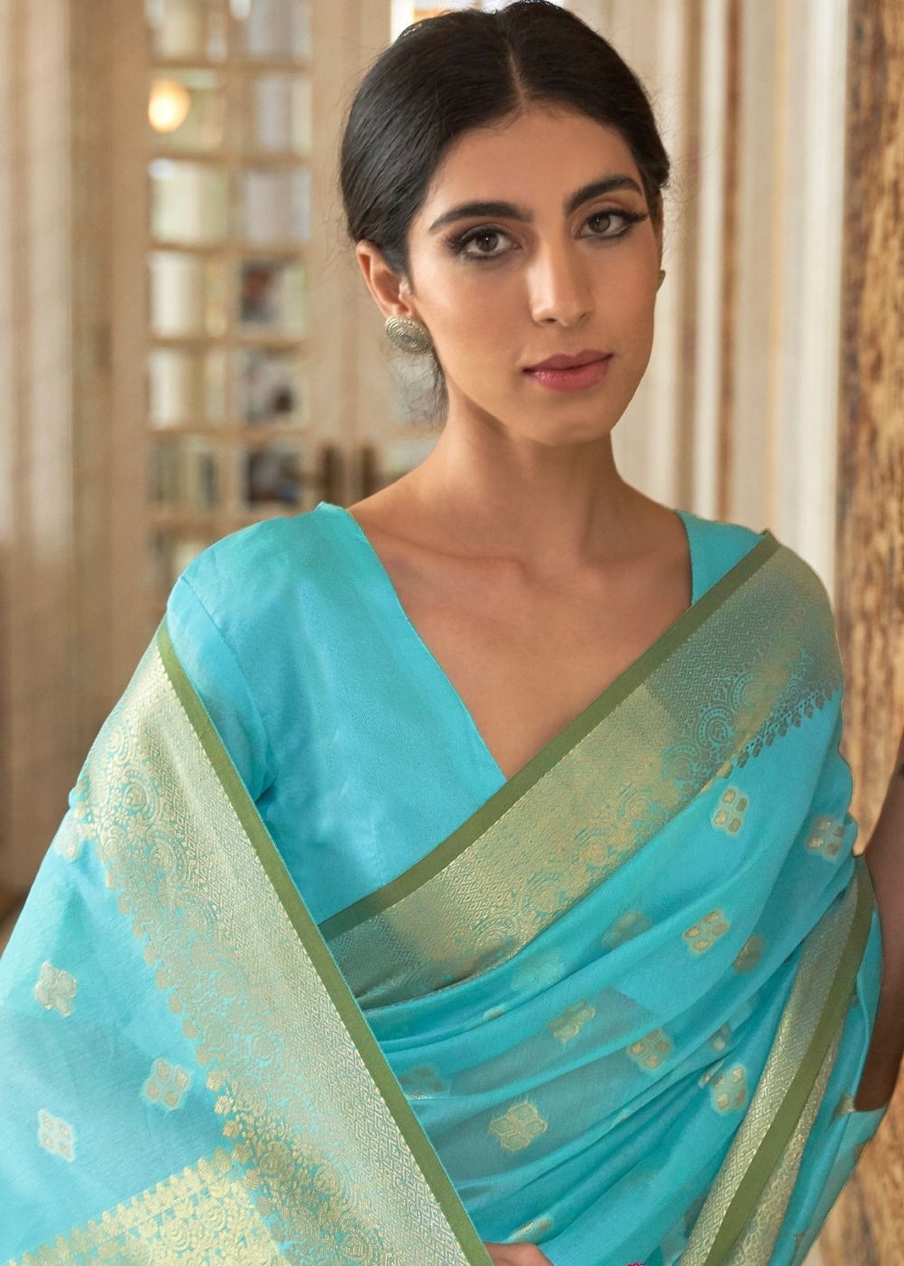 Puerto Rico Blue Zari woven Linen Saree