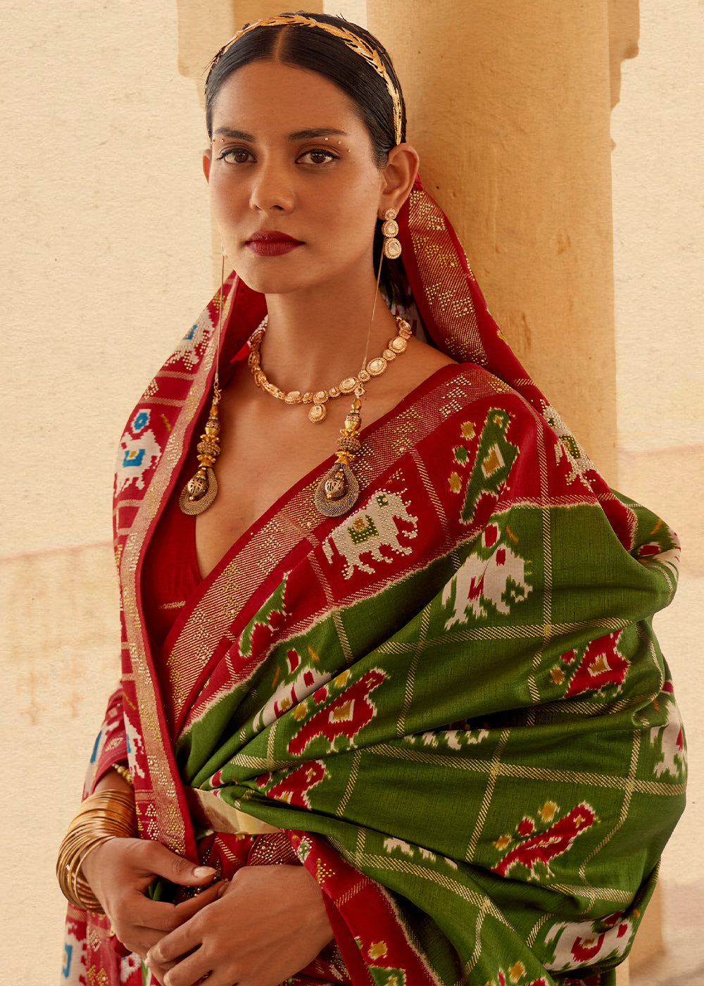 Fern Frond Green and Red Printed Patola Silk Saree