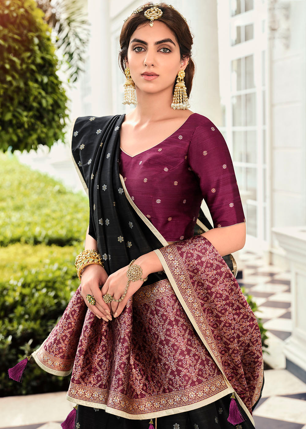 Cod Gray Black and Purple Banarasi Silk Lehenga Choli