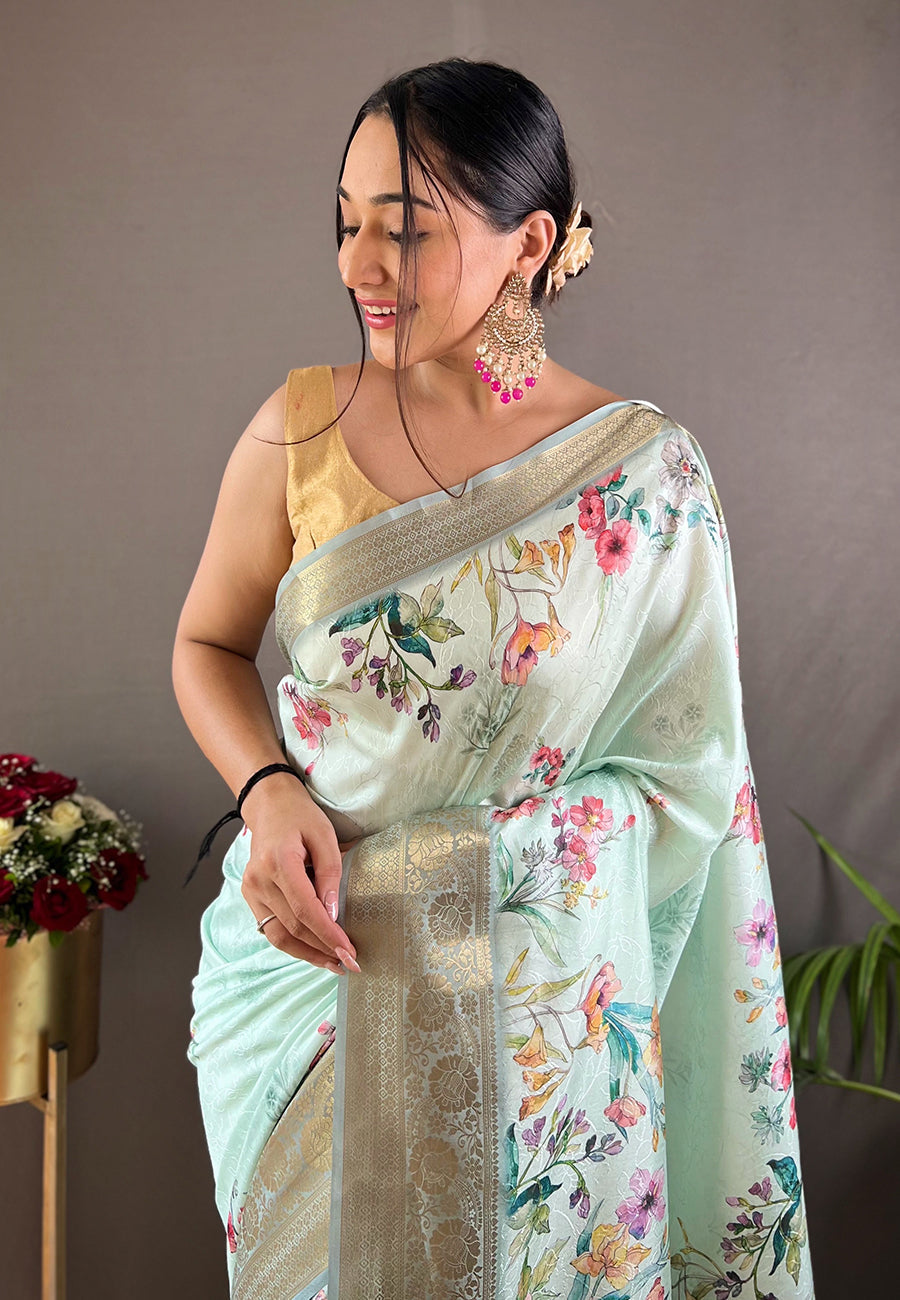 Conch Blue Kalamkari Floral Printed Saree