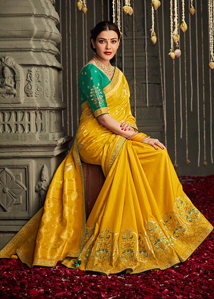 Saffron Yellow Zari Woven Designer Banarasi Saree