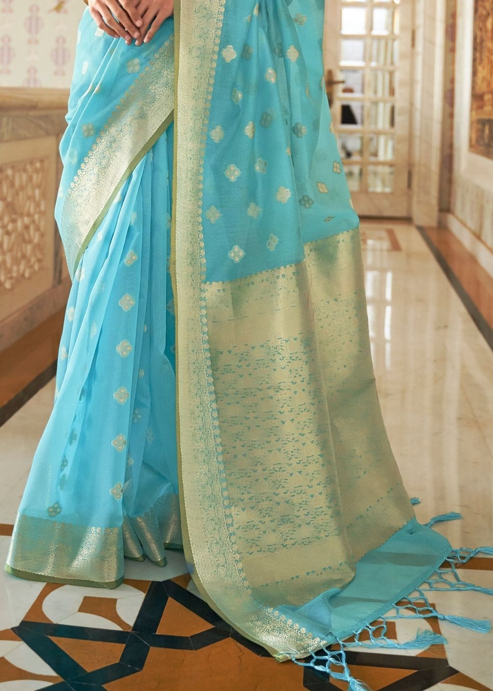 Puerto Rico Blue Zari woven Linen Saree