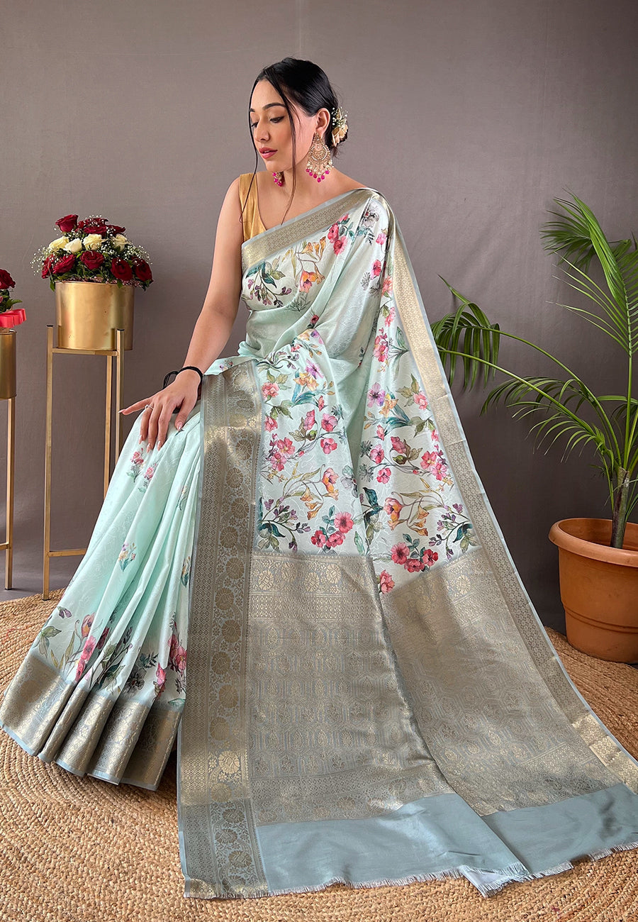 Conch Blue Kalamkari Floral Printed Saree