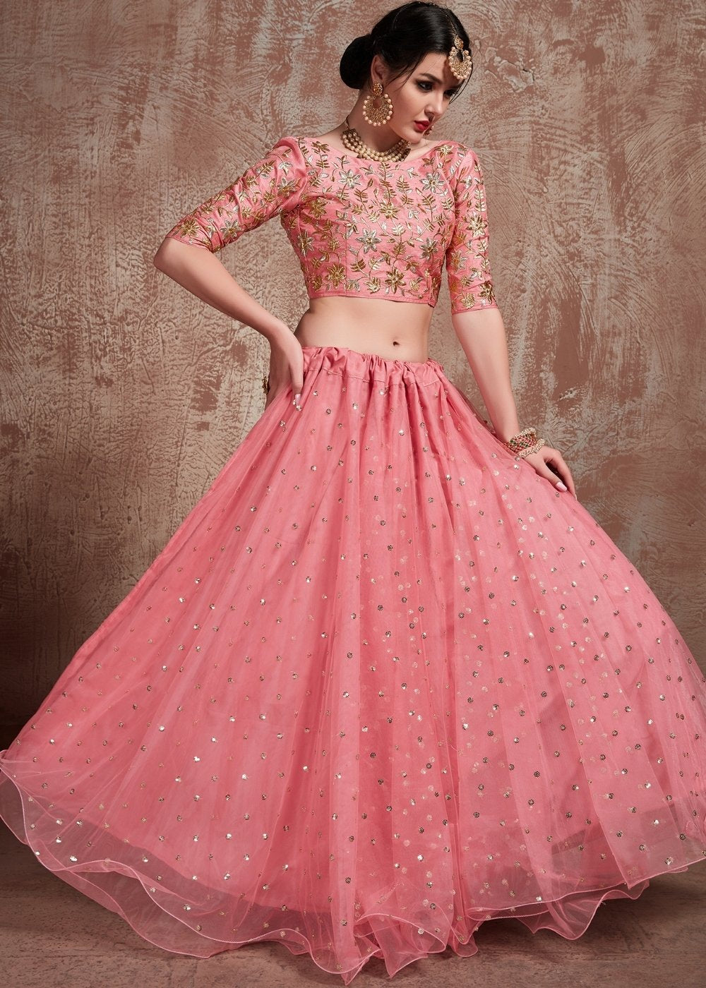 Mona Lisa Pink Designer Soft Net Lehenga Choli