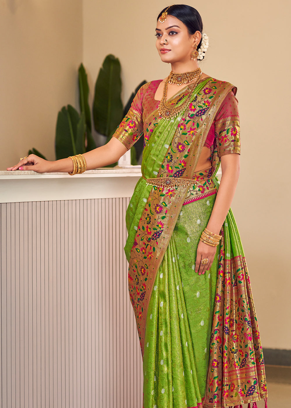 Citron Green Woven Paithani Silk Saree