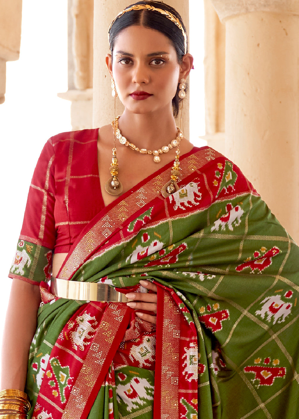 Fern Frond Green and Red Printed Patola Silk Saree