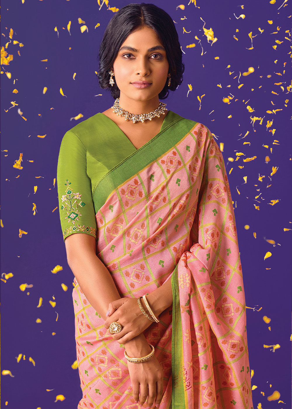 Apricot Peach Printed Paithani Saree With Embroidered Blouse