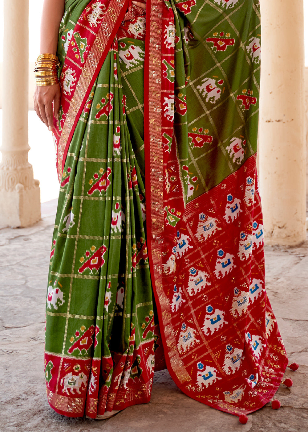 Fern Frond Green and Red Printed Patola Silk Saree