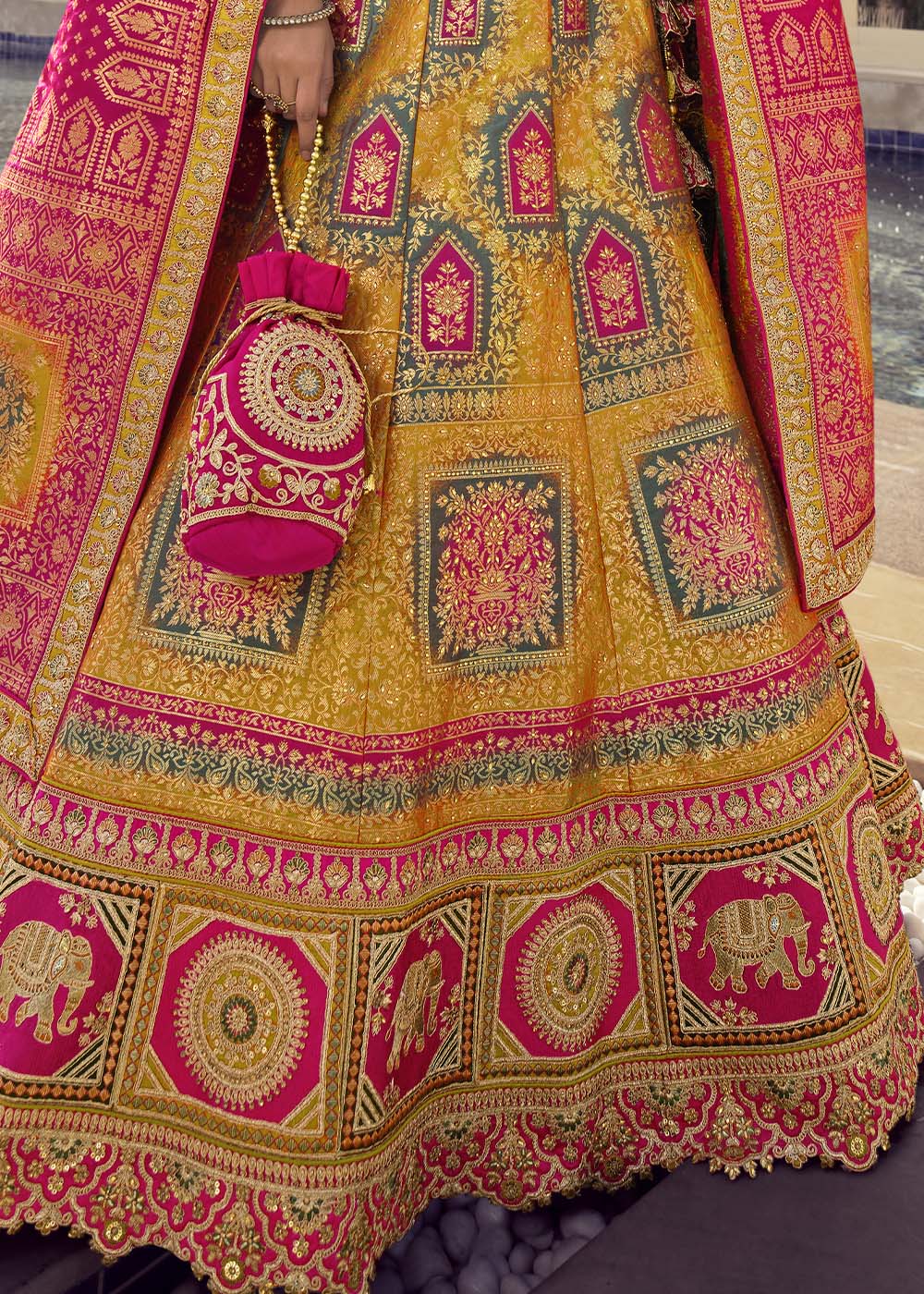 Ronchi Yellow and Pink Banarasi Silk Lehenga Choli