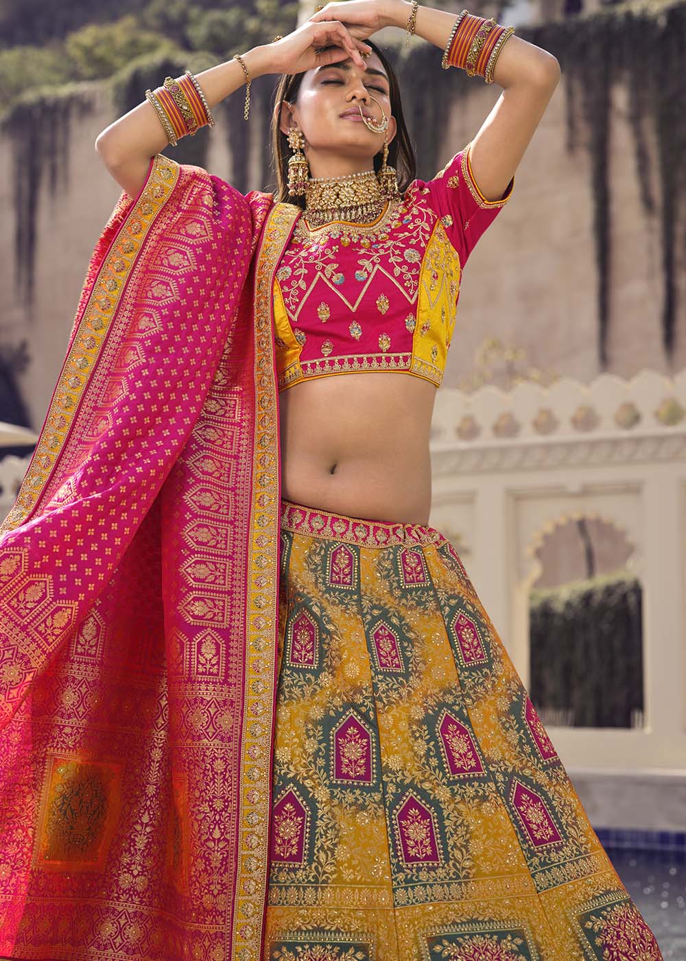 Ronchi Yellow and Pink Banarasi Silk Lehenga Choli