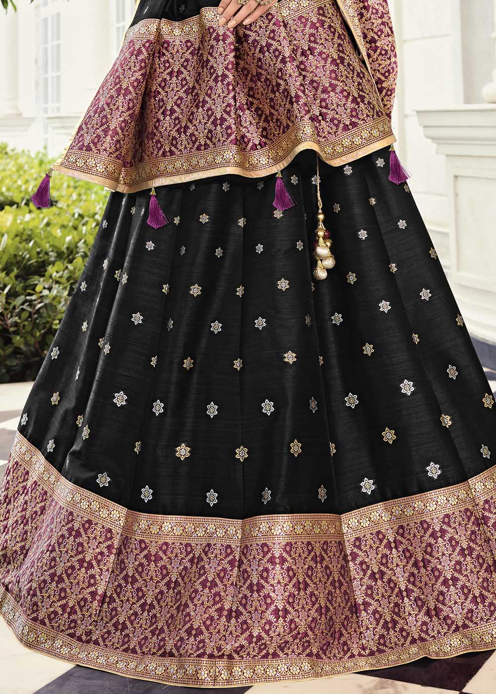 Cod Gray Black and Purple Banarasi Silk Lehenga Choli