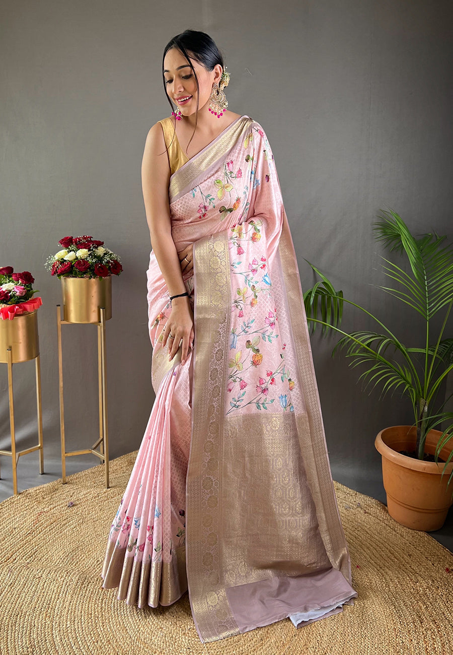 Careys Pink Kalamkari Floral Printed Saree