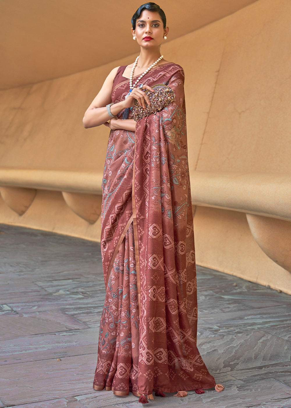 Copper Penny Brown Floral Printed Cotton Saree