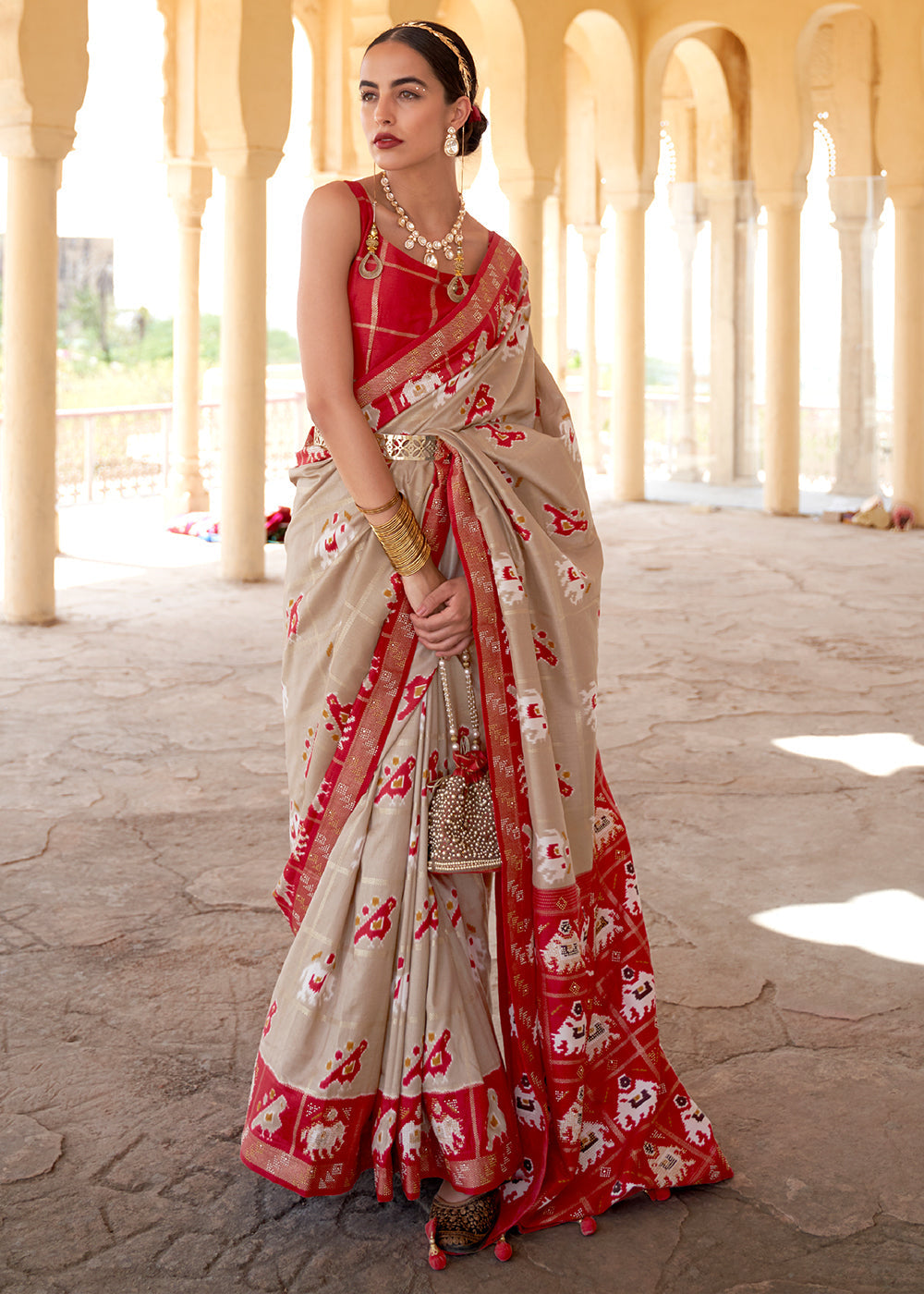 Grain Brown and Red Printed Patola Silk Saree