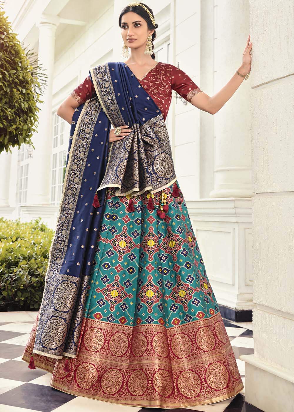 Downy Green and Blue Banarasi Silk Lehenga Choli