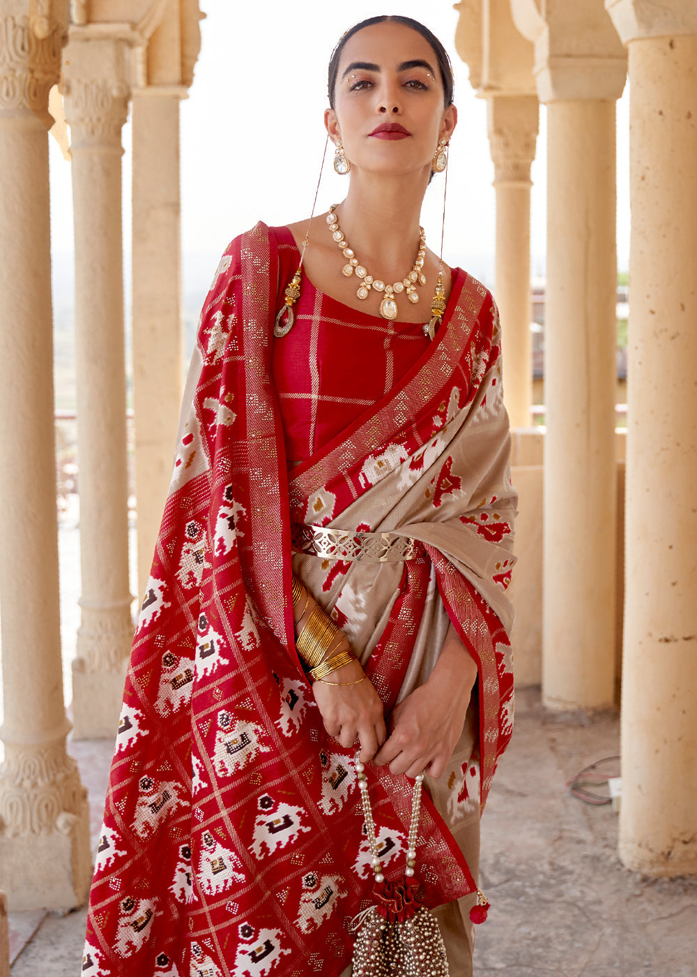 Grain Brown and Red Printed Patola Silk Saree