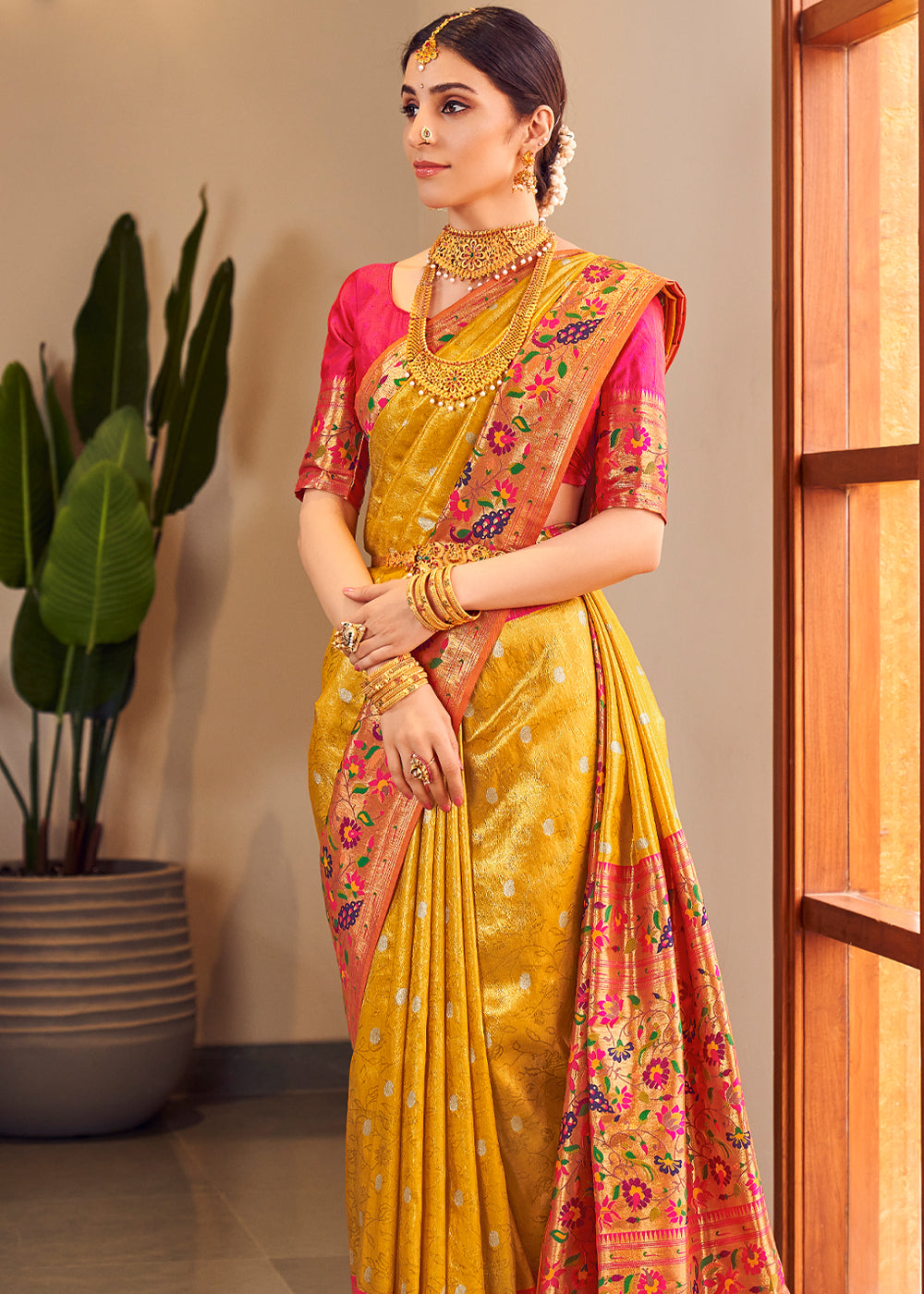 Gorse Yellow Woven Paithani Silk Saree