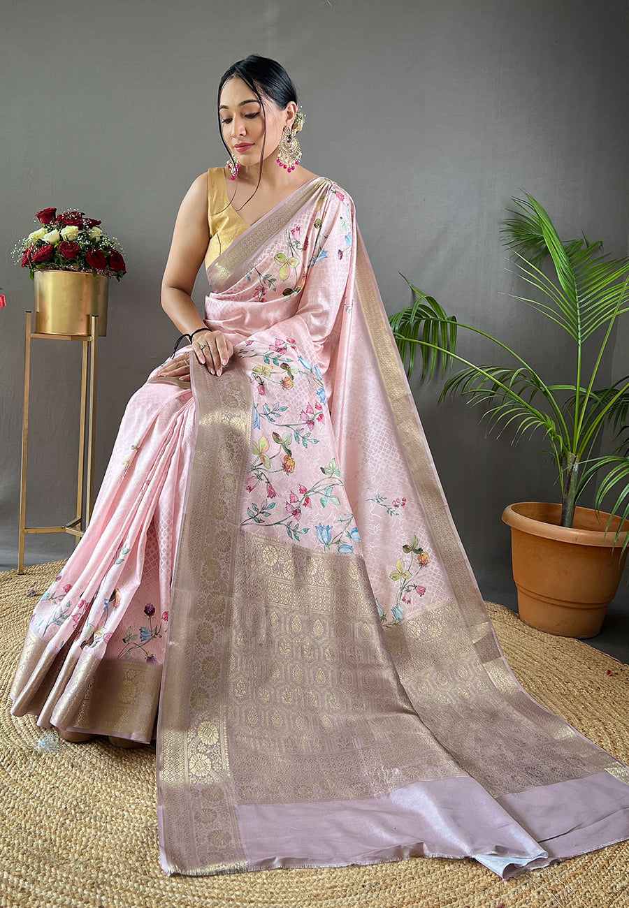 Careys Pink Kalamkari Floral Printed Saree