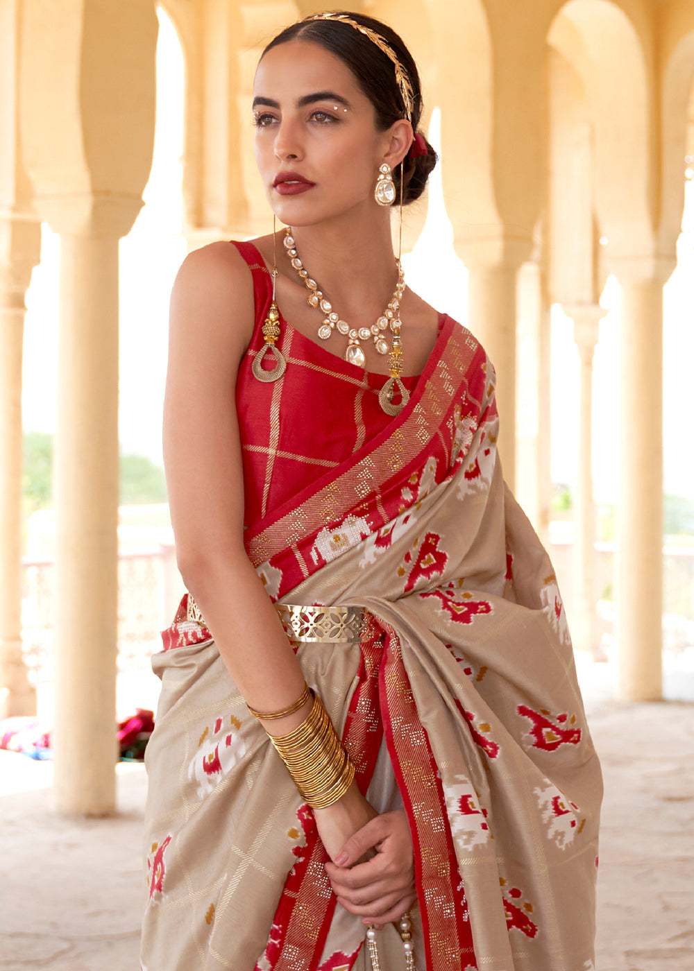 Grain Brown and Red Printed Patola Silk Saree