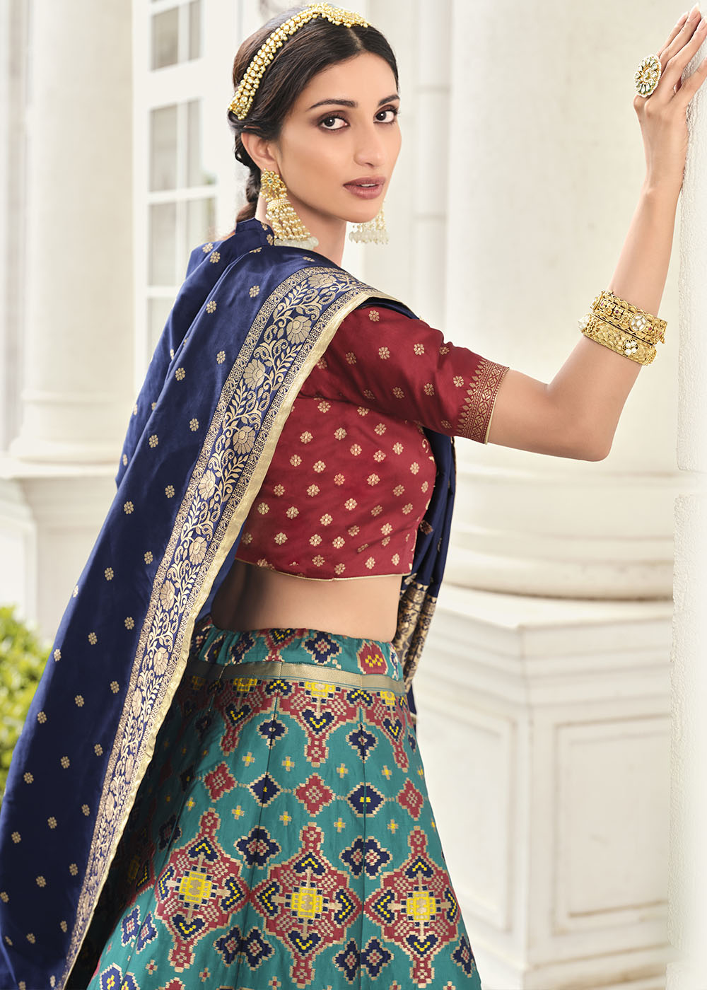 Downy Green and Blue Banarasi Silk Lehenga Choli