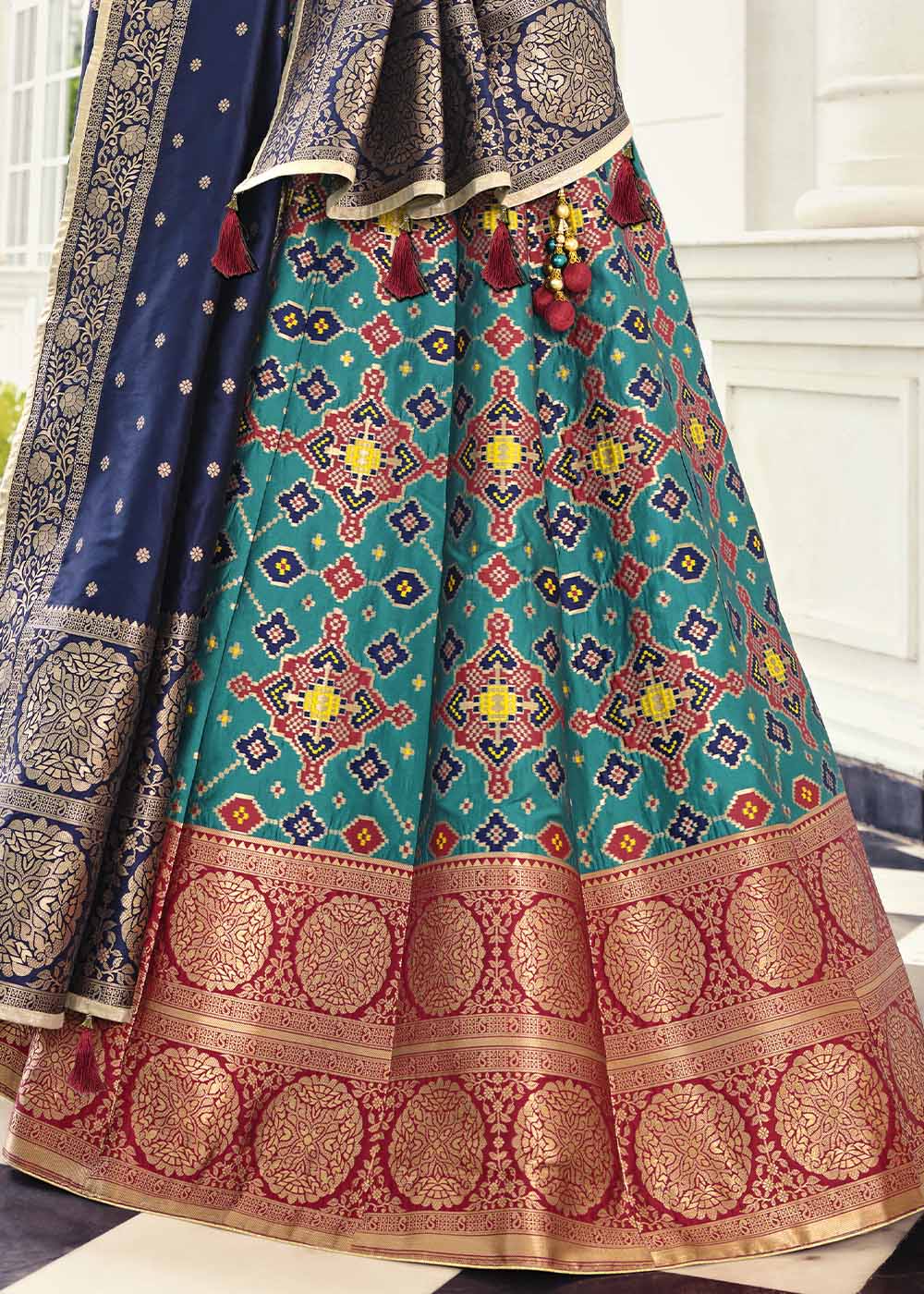 Downy Green and Blue Banarasi Silk Lehenga Choli