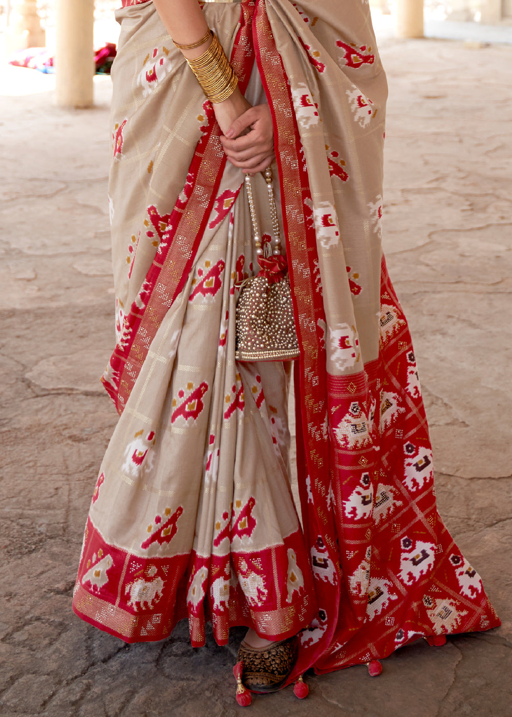 Grain Brown and Red Printed Patola Silk Saree