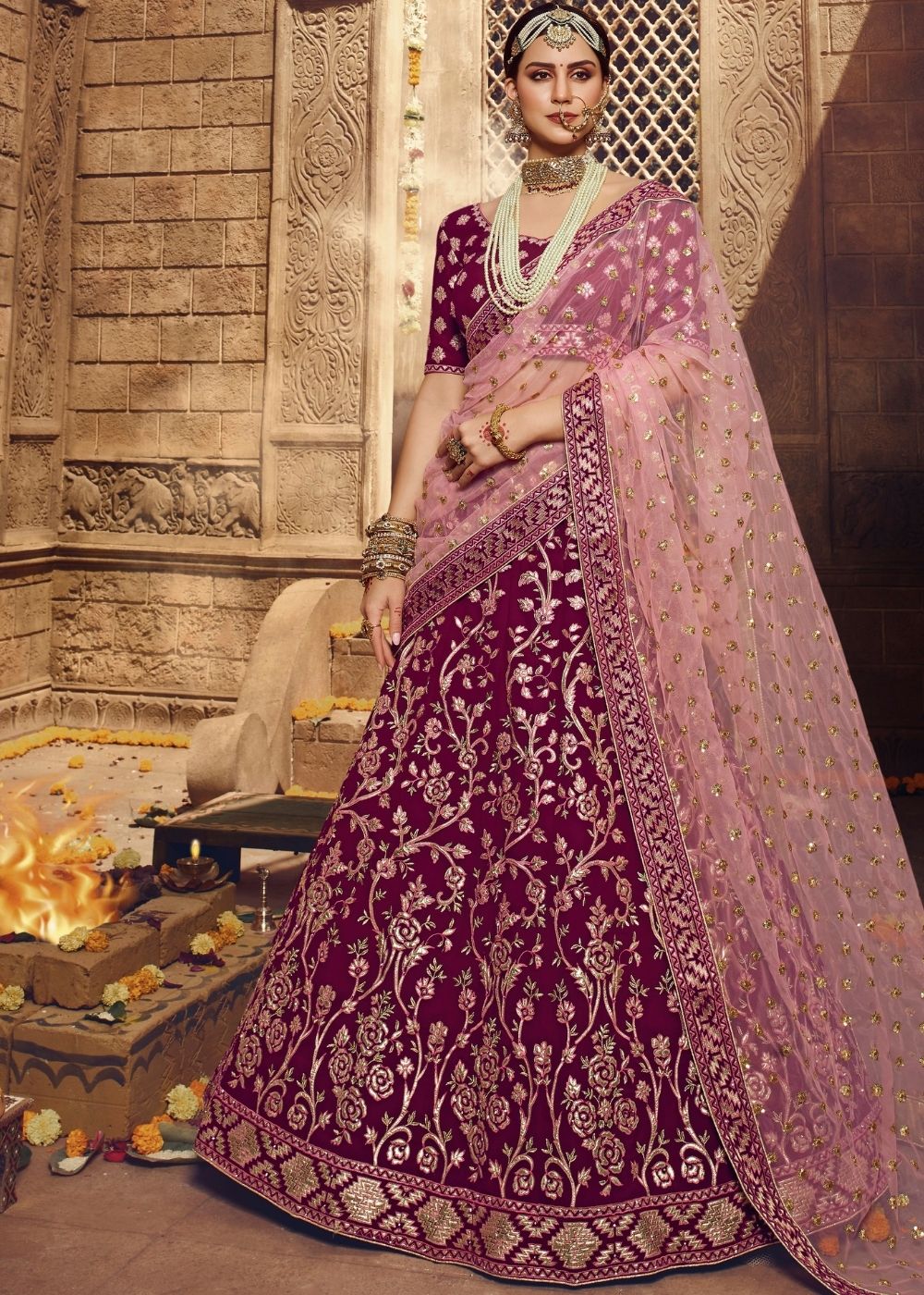 Wine Purple Georgette Bridal Lehenga Choli