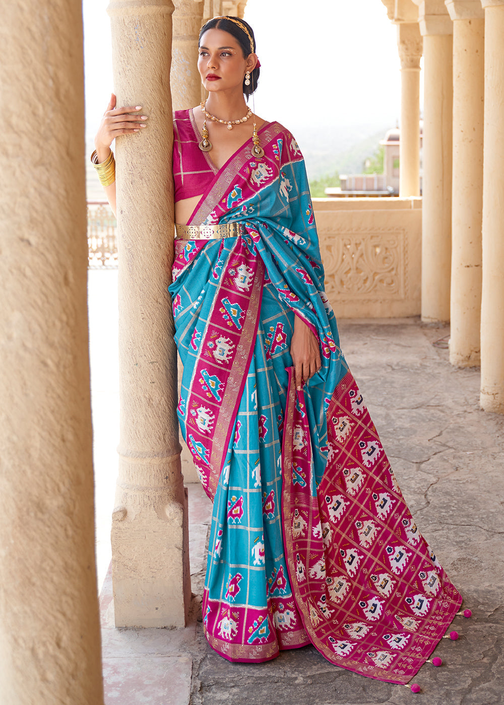 Blue Chill and Pink Printed Patola Silk Saree