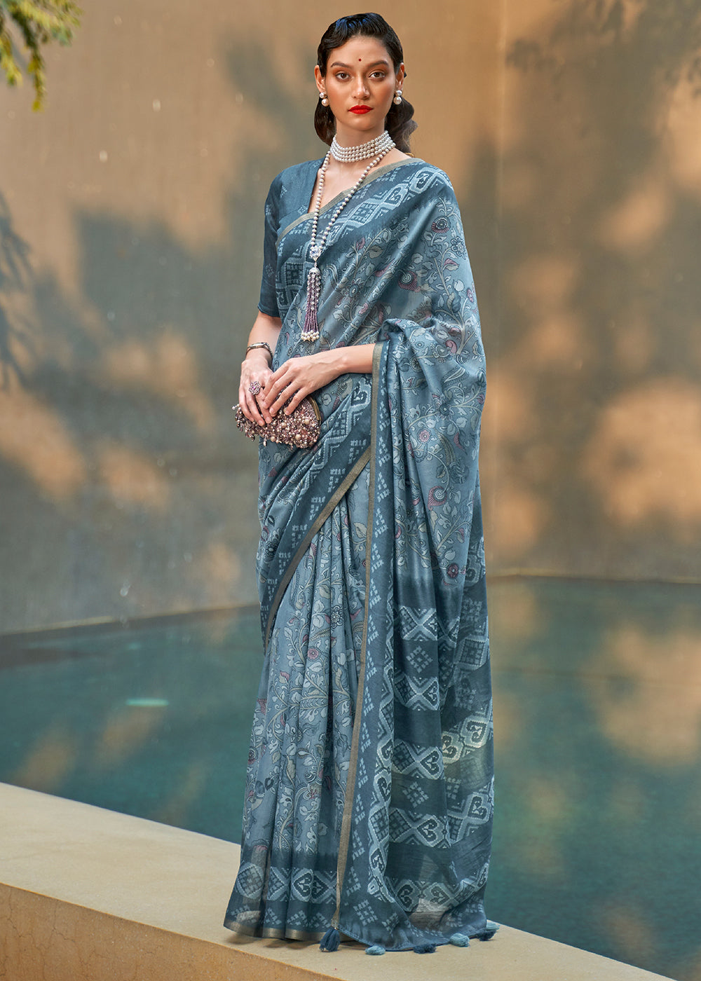 Regent Blue Floral Printed Cotton Saree