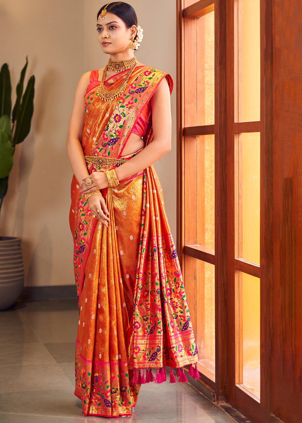 Ochre Orange Woven Paithani Silk Saree