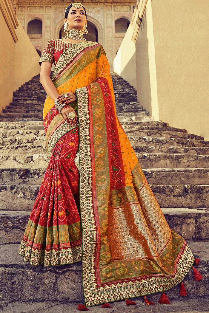 Casablanca Orange and Red Zari Woven Patola Saree With Designer Blouse