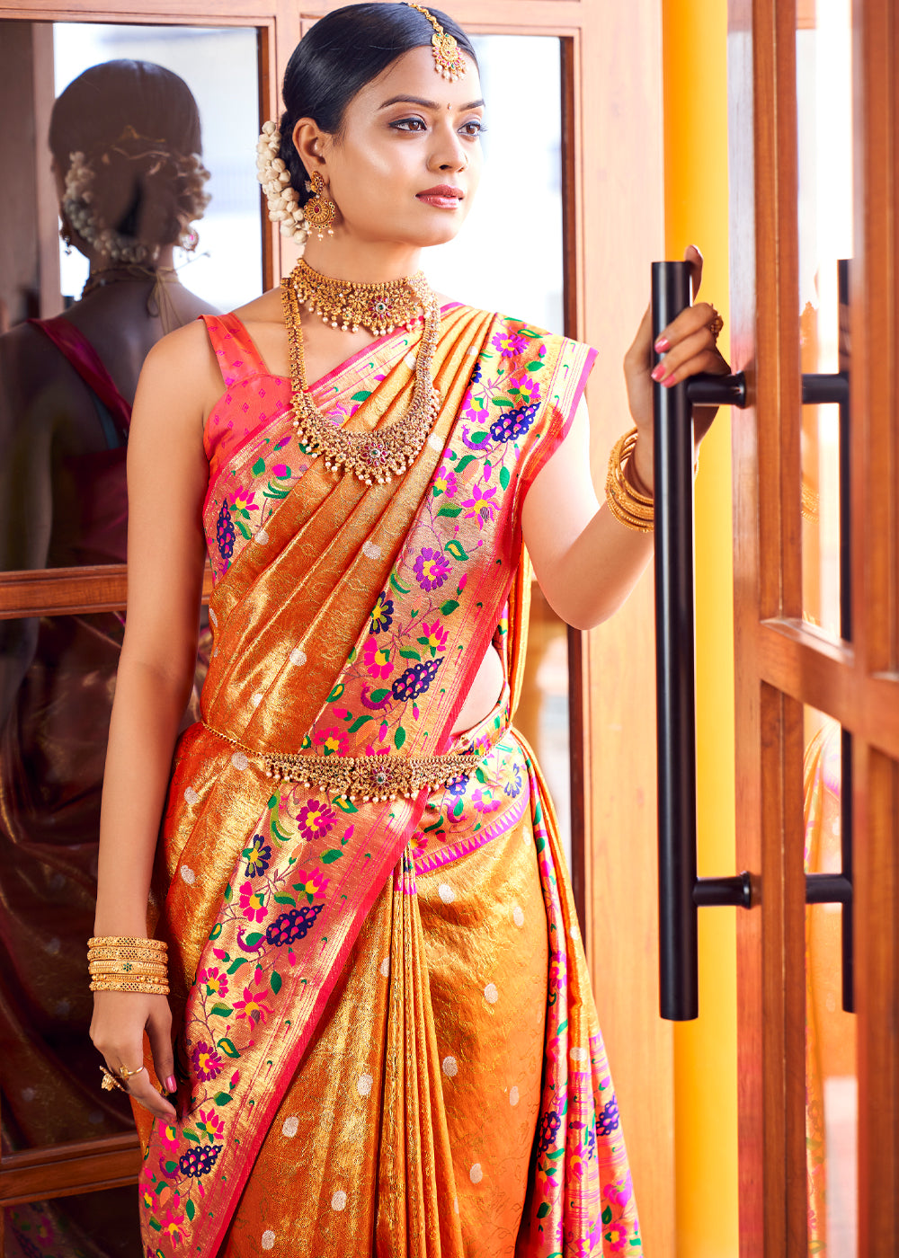 Ochre Orange Woven Paithani Silk Saree