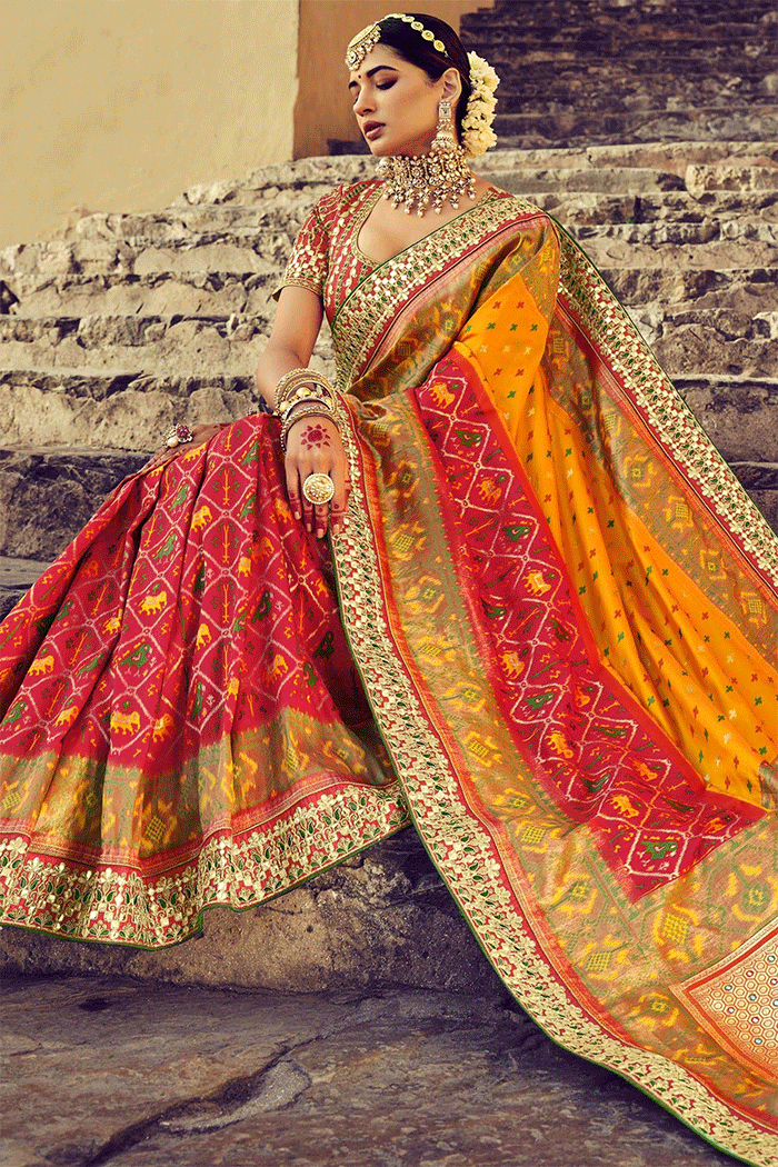 Casablanca Orange and Red Zari Woven Patola Saree With Designer Blouse