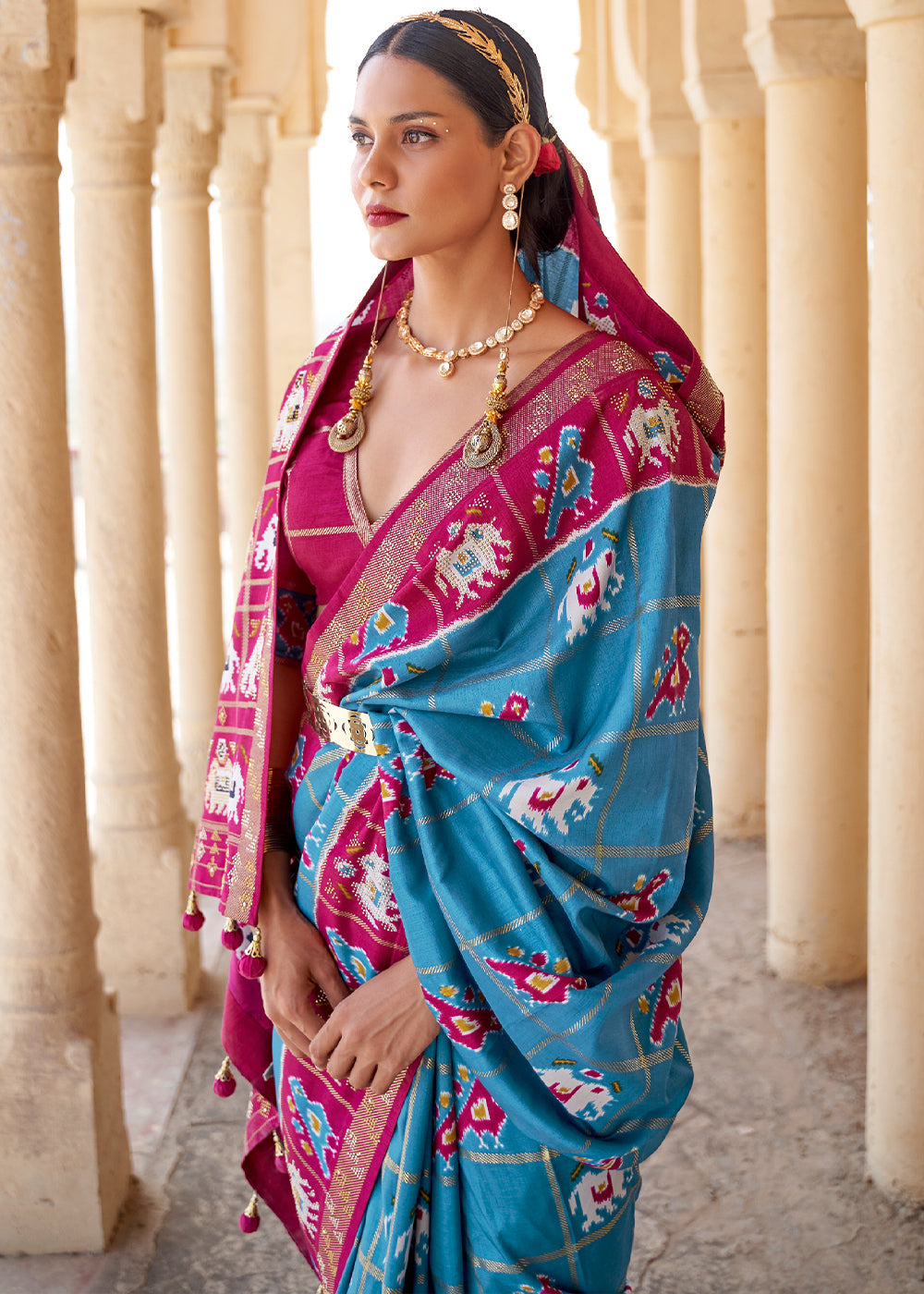 Blue Chill and Pink Printed Patola Silk Saree