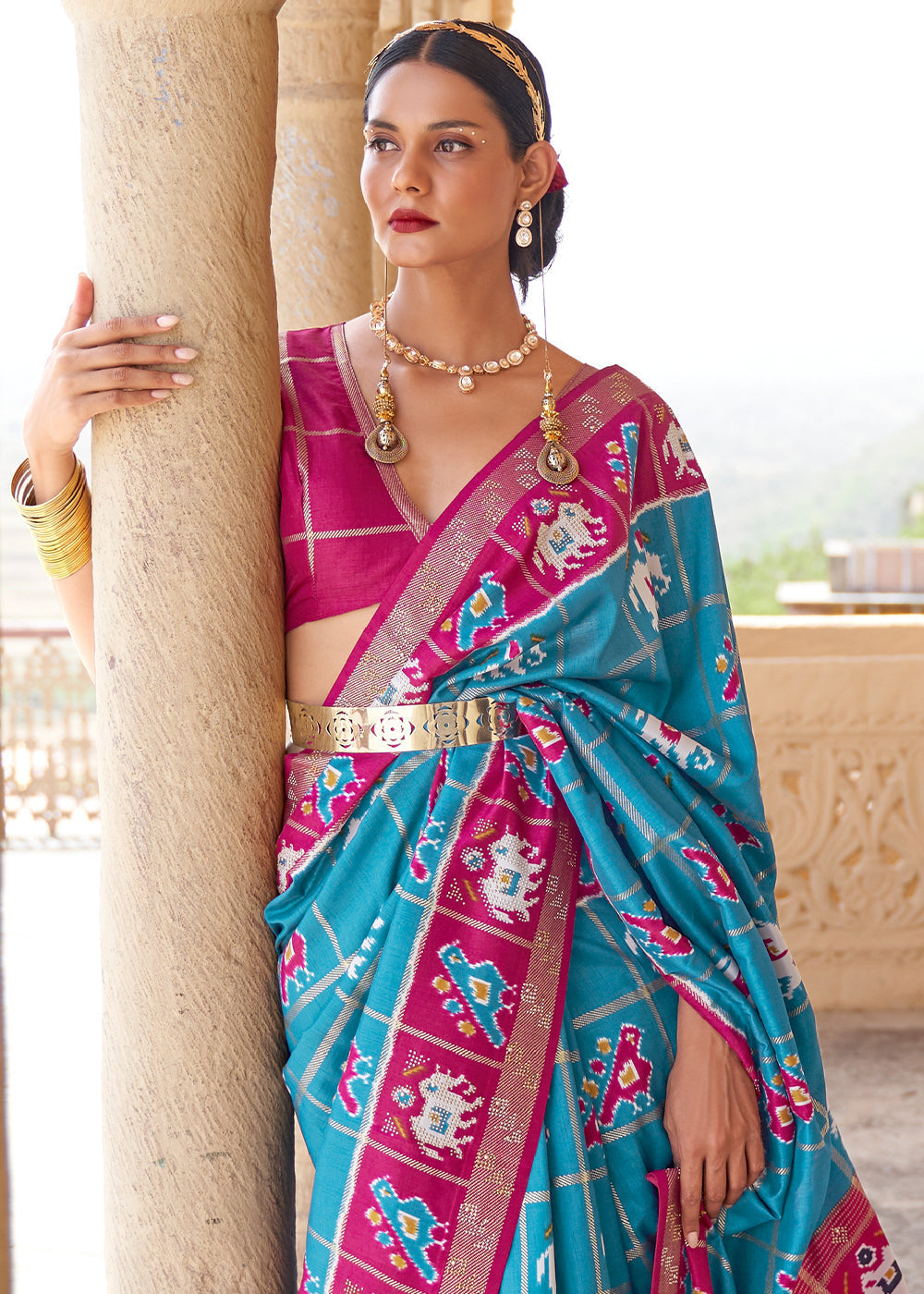 Blue Chill and Pink Printed Patola Silk Saree